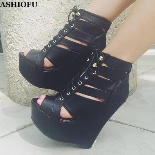 ASHIOFU New Handmade Women Wadge Heel Pumps Cross Shoelace Sexy Striper Club Shoes Party Prom Evening Fashion High Heel Sandals