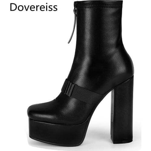 Dovereiss Fashion Womens Shoes Winter Concise Pure Color Platform Front zipper New Sexy Block heels Ankle boots 34-42