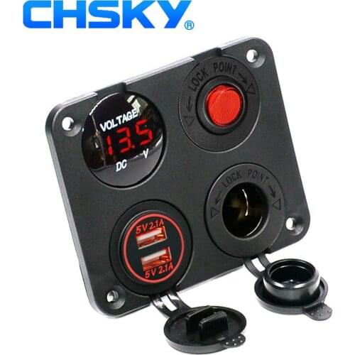 CHSKY 4 Hole Panel Base Red LED 12V USB 4.2A Power Adapter Charger Dual Car Cigarette Lighter Socket Splitter Digital Voltmeter