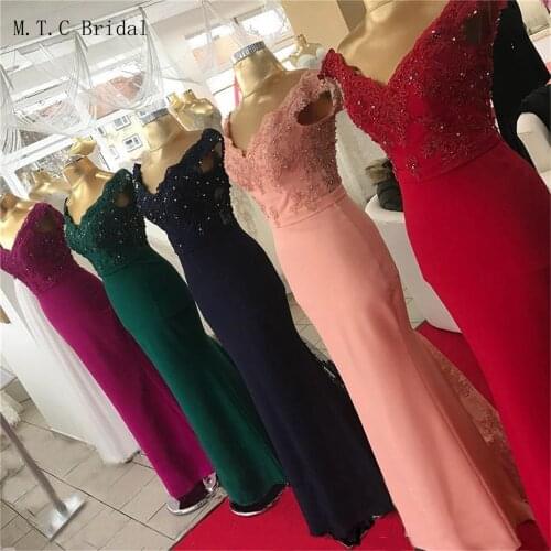 Elegant Mermaid Pink Long Dresses Prom V Neck Sweep Train Chic Beaded Lace Elastic Satin Formal Evening Gowns Custom Made 2019