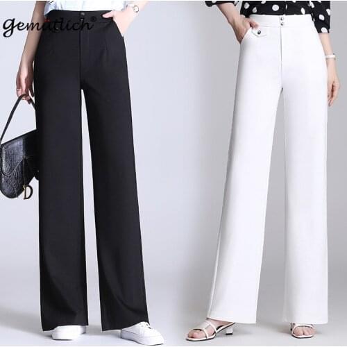 GEMUTLICH Women Casual Wide Leg Pants Elastic Full Length High Waist Long Trousers New Spring Summer Big Size M-9XL