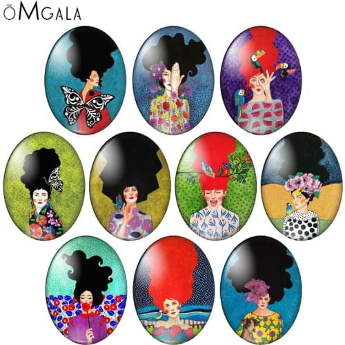 Artistic Long Hair Women Illustration 10pcs 13x18mm/18x25mm/30x40mm Oval photo glass cabochon demo flat back Making findings