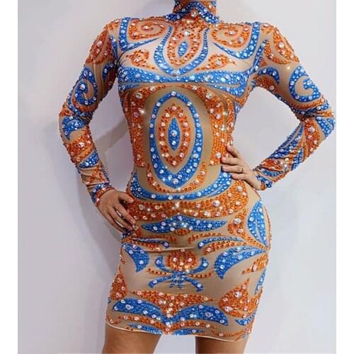 Nightclub Singer Costumes Court Printed Rhinestone Dress Stretch Jumpsuit Birthday Celebrate Party Clothing Women Bar DJ Wear