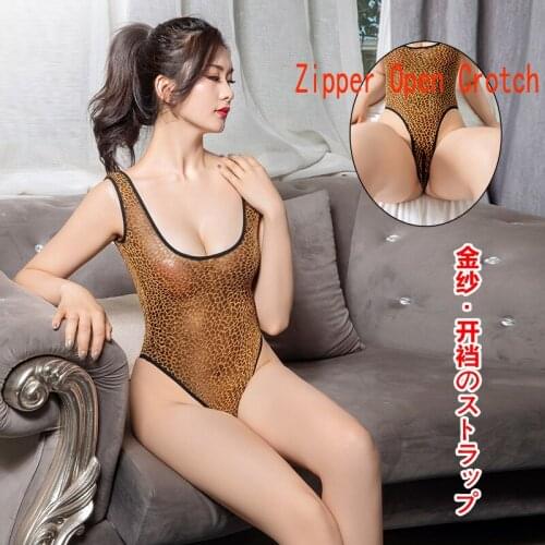 Leopard Grain Gold Yarn Perspective Swimsuit Shapewear Zip Open Crotch Don't Have To Undress Bustiers Teddies Sukumizu Jumpsuits