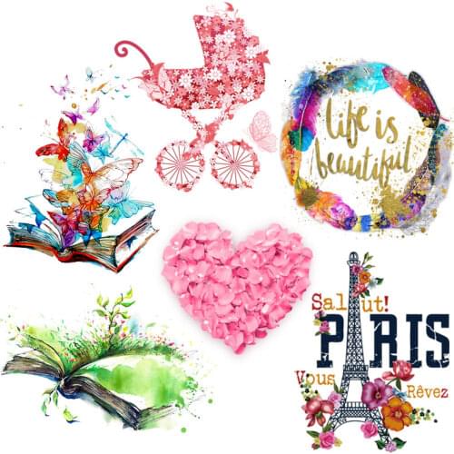 Fashion Flowers Patches For Women Clothing Beautiful Stickers Butterfly Book Iron On Transfers For Clothing DIY Applique Stripes