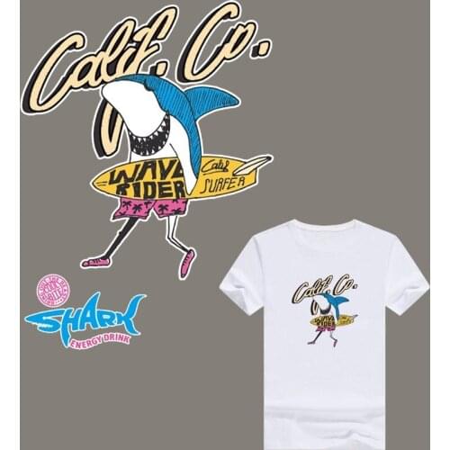 Cartoon Cool Shark Surfing Patches Iron On Transfer Clothes Accessories Heat Transfers Stickers for T-shirt Dresses Summer Style