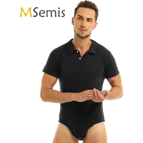 Mens Bodysuit Shaper One Piece Lingerie Short Sleeve Snap Crotch High Cut Shirt Bodysuit Thong Leotard Romper Snappies Pajamas