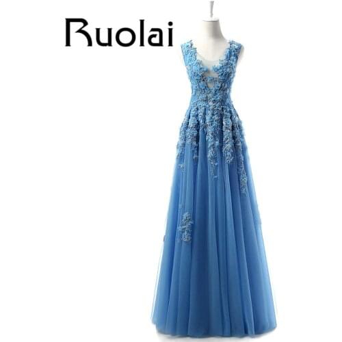 Real Sample New Arrival 2016 Blue Lace Applique Flowers Tulle Scoop A Line Formal Long Evening Dresses For Wedding Party
