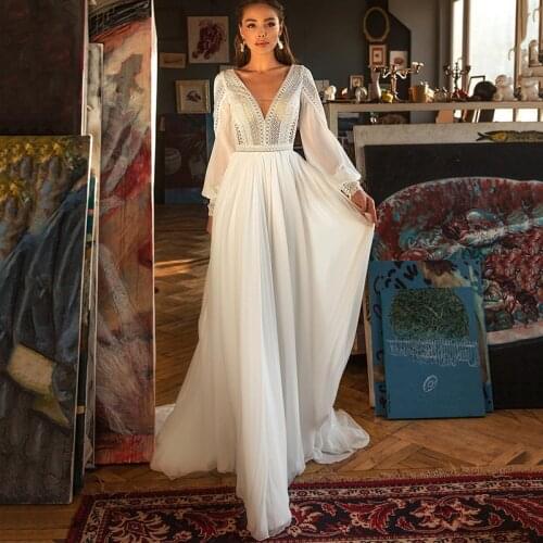 Cheap Bohemian Wedding Dress Long Sleeve Lace Bridal Dresses 2021 Abito Da Sposa Lace Wedding Gowns Backless Chiffon Couture