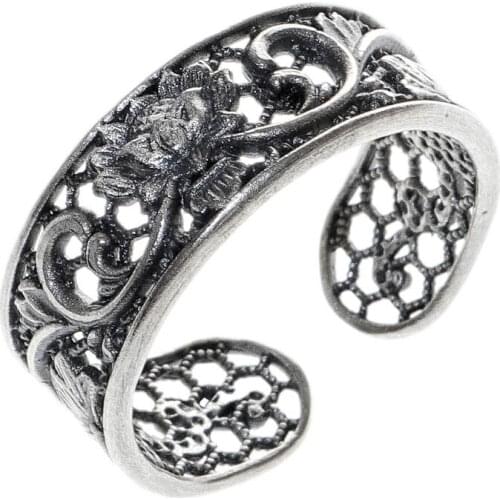 BOCAI New 100% Real Sold s925 silver woman ring fashion carve lotus opening vintage Thai silver matte ring