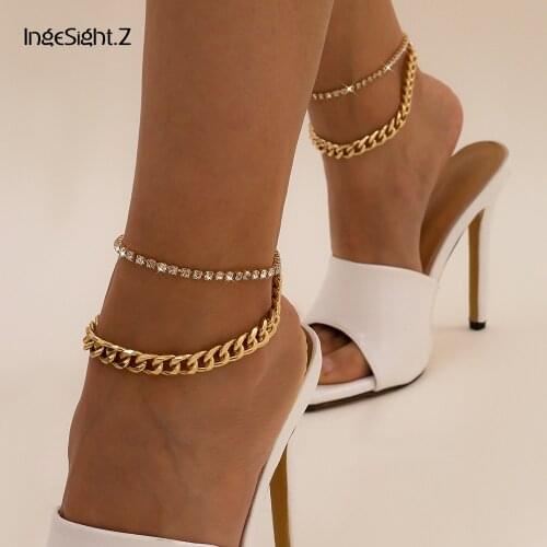 IngeSight.Z 2Pcs/Set Rhinestone Crystal Chain Anklets On Foot Barefoot Sandals Charm Gold Color Curb Link Chain Anklets Jewelry