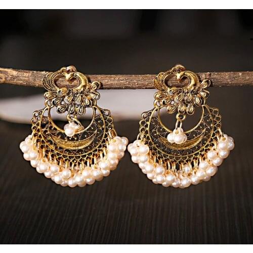 Luxury Golden Color Vintage Bohemian Style Earrings Peacock Shape Pendant Mesh Hollow Pearl Tassel Earrings 2020 Indian Gifts