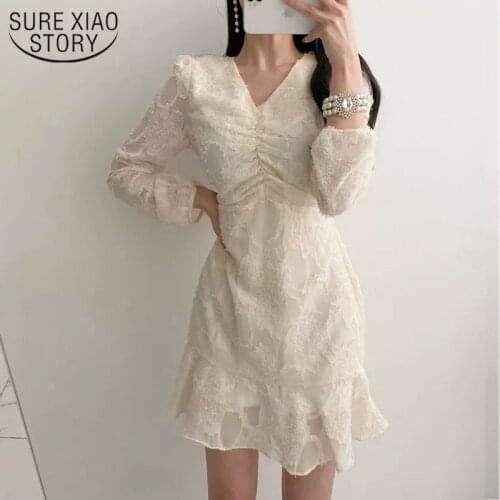 Spring V-neck Tassel Dress Pleated Elegant Slim Waist Dresses for Women Korean Chic Puff Long Sleeve Ruffled Solid Dress 13270