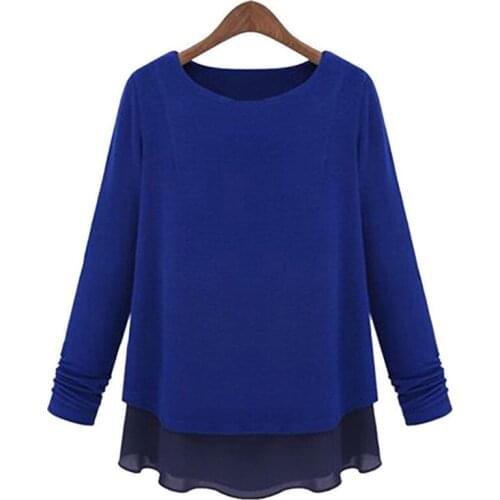 Plus Size 5XL Women Blouse Long Sleeves Loose Fat Big Size blusa feminina Tops Cotton Splice Chiffon Fake Two Piece Shirt