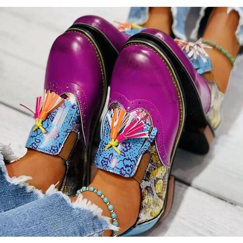 Mixed Color Spring Shoes 2021 Womens Flat Shoes Printed Vintage Round Toe Tassel Lace Up Ladies Fashion Retro Female Footwear