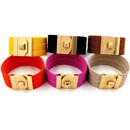 6Color Luxury Cuff Women Braided Tape Bracelet Bangles Simple Steel Lock Design Wide Wrap Charm Bracelets Female Jewelry JBN0081