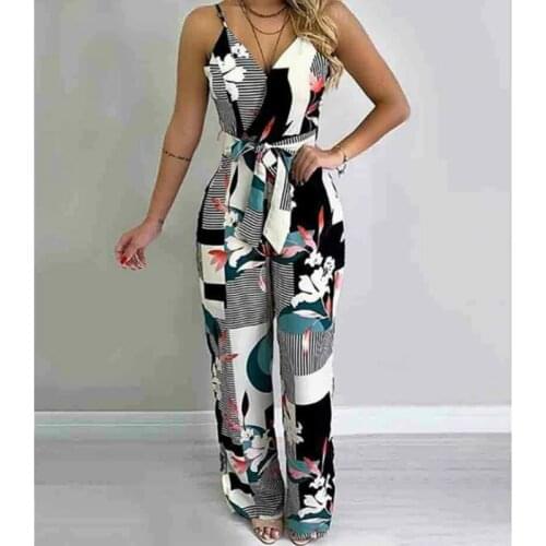 Women Summer Boho Floral Bodycon Jumpsuit Sleeveless V-neck Party Casual Wide Leg Long Playsuits Overalls