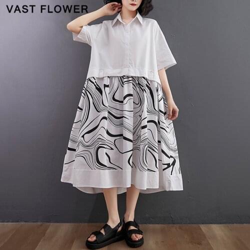 Korean Fashion Print Summer Dress Women White Patchwork Lapel Short Sleeve Casual Loose Vintage Shirt Dress Elegant Clothes 2021