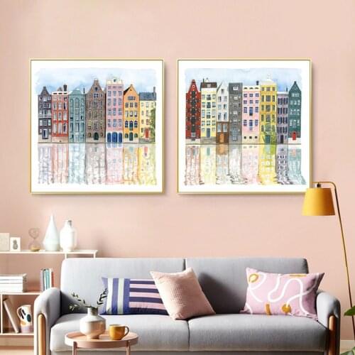 Watercolor Hand Drawn Facades of Old Colorful Buildings Canvas for Living Room Home Decor Painting Poster Print Wall Art Picture