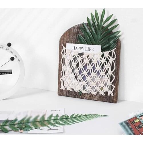 MLGB Wooden Magazine Storage Basket Macrame Weaving Magazine Holder Hanging Pocket Shelf Organizer Rack Wall Decoration