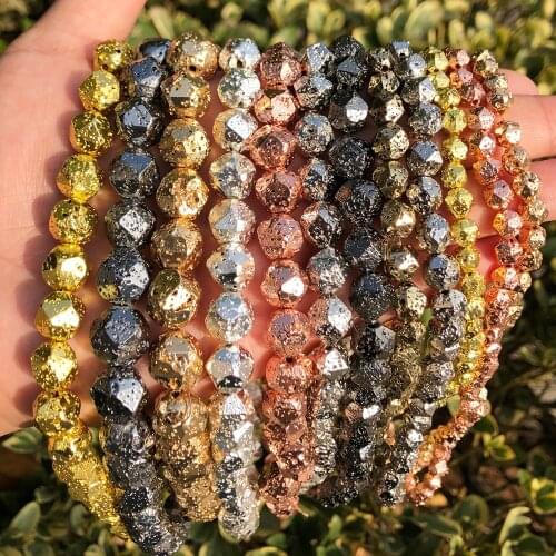 Natural Faceted Gold Silver Plated Volcanic Stone Bead Lava Mineral Loose Beads for Jewerly Making DIY Bracelets 6 8 10 12mm