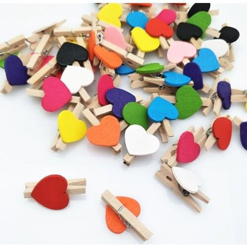 Hot sell 50pc,100pc Mini Lovely 3cm colored Heart Shaped Wooden Clip Office Supplies Wedding Clip Cartoon Bag clips BB5548