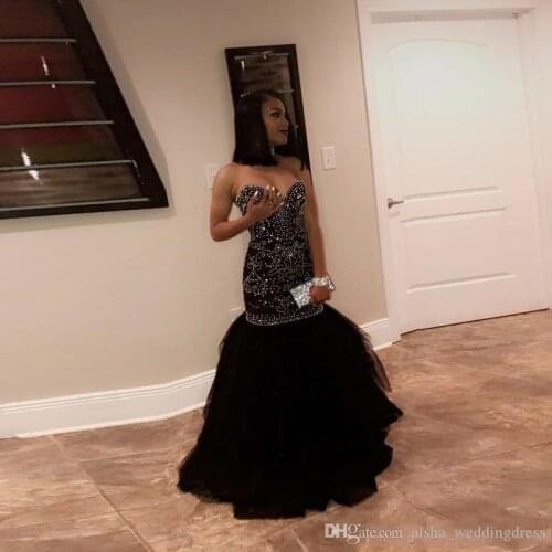 Crystal Beads Mermaid Ball Dress Sweetheart Tulle Black Gold Evening Dress Dinner Costume w08