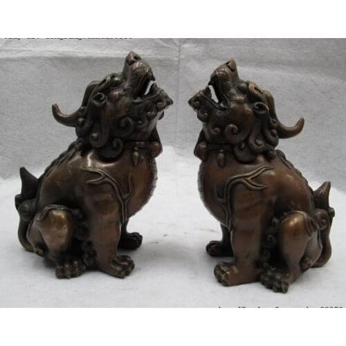 China Folk Pure Copper Palace Fu Foo Dog Lion beast Statue incense burner Censer