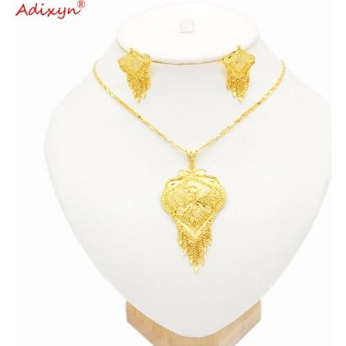 Adixyn India Jewelry Set Neck Chain Gold Color/Copper Tassel Earrings Pendant for Woman Dubai/Ethiopian Party Gifts N08282