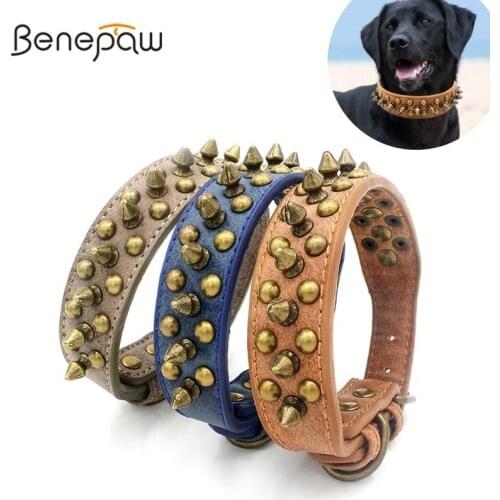 Benepaw Leather Dog Collar Spiked Quality Adjustable Pet Collar For Small Medium Large Dogs Hot Sale Puppy Accessories 3 Colors
