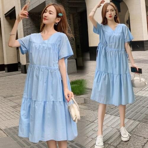 277# Maternity Clothes Summer Cotton Short Sleeves V Neck A Line Dress Loose Stylish Dress Pregnant Women Pregnancy Clothes