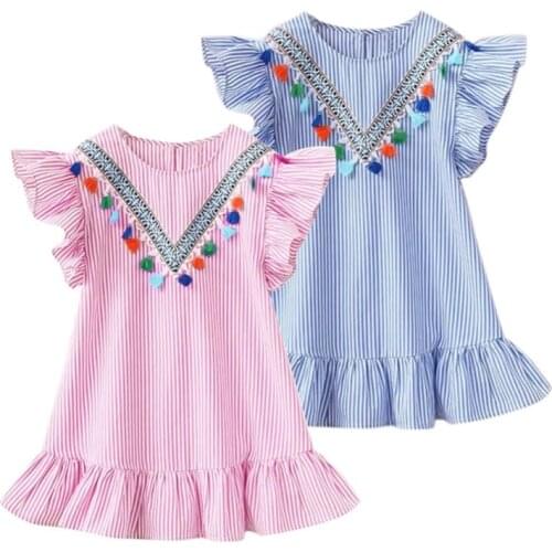 1-7Years Summer Children Dresses Baby Girl Streamline Tassel Flying Sleeve Dress Stripe Cute Kids Party for Girls Princess Dress