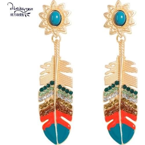 Dvacaman Colorful Enamel Feather Statement Earrings Gold Color Metal Maxi Drop Dangle Earrings Boho Hanging Earrings Wholesale