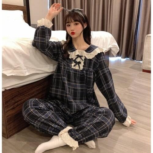 Sweet Retro Lattice Doll Collar Lace Lace Lapel Hedging Long Sleeve Pajamas Tracksuit Two-piece Autumn and Winter Student Girl