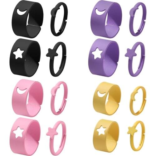 IF ME 4PCS/Set Funky Trendy Stylish Star Moon Couple Opening Finger Rings for Women Unisex Metal Paint Engagement Ring Jewelry
