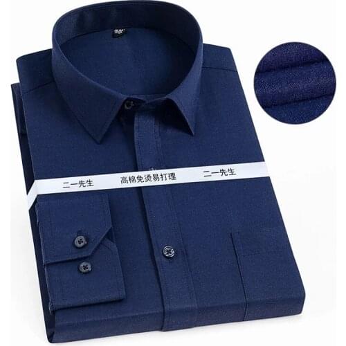 Men long sleeve shirts casual office formal business shirts pockets white navy blue yellow shirts cotton large size 48 shirt 46