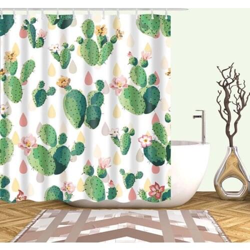 Tropical Succulent Plant Shower Curtain Set with 12 Hooks Cartoon Personality Pattern Cactus Bathroom Waterproof Fabric Decor