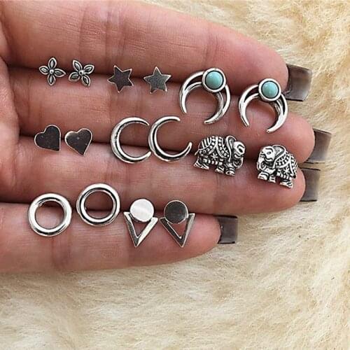 Modyle Punk Elephant Moon Heart Flower Star Geometric Gem Women Earring Set Exquisite Fashion Clothing Accessories
