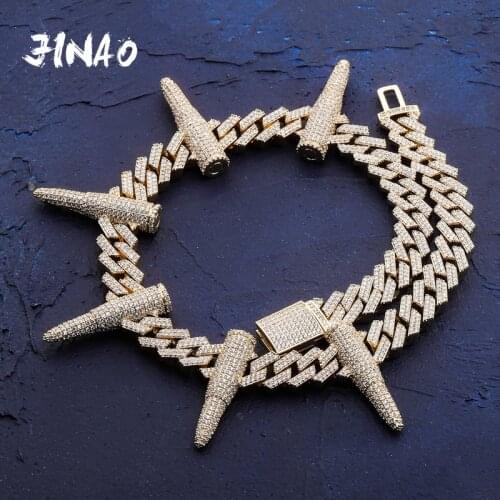 JINAO New 14 mm Rivet Bullet-shaped Cuban Chain Necklace Full AAA CZ Stones Chain Hip Hop Jewelry Punk Style Necklace