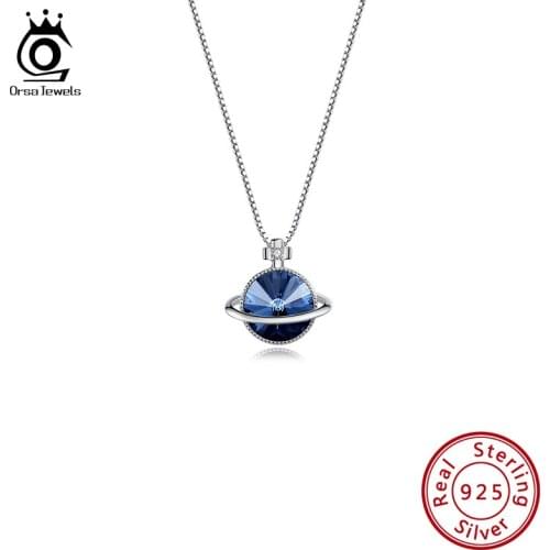 ORSA JEWELS 925 Sterling Silver Pendants Necklace Classic Dark Blue Crystal Stone Necklace for Women Luxury Silver Jewelry SWN07