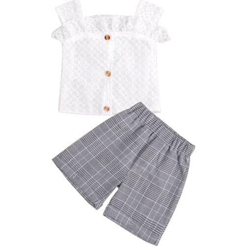 Sweet Little Girls Casual 2Pcs Clothes Set, Summer White Square Collar Vest and Plaid Printed Pattern Shorts, 1-6Years