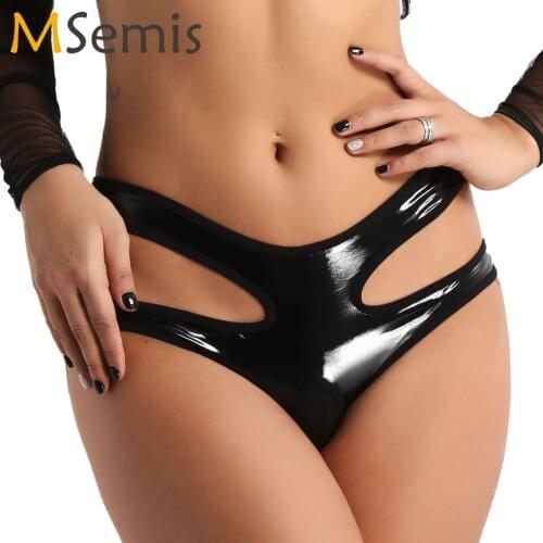 MSemis Sexy Women Lingerie Low Rise Hollow Out Wet Look Leather Bikini Briefs Underwear Sissy Open Crotch Latex G-String Panties