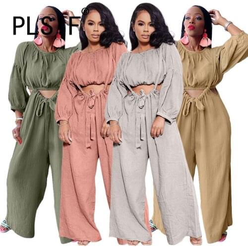 New Style Solid Crop Top And Loose Pant Set Full Sleeve Autumn Party 2 Two Pieces Pant Suit Tracksuits