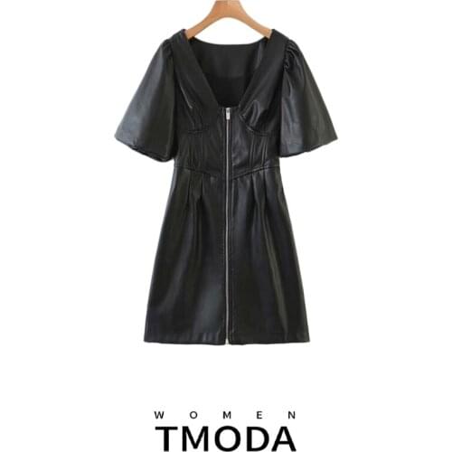 TMODA188 2021 Women Sexy Black Pu Leather Mini Skirts Front Zipper Slim Party Dress Deep V-neck Puff Sleeve Dress