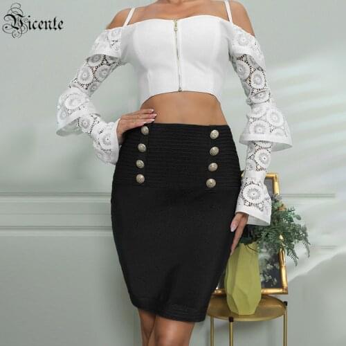 VC Sexy Ladies Skirt Golden Button Decoration Design Solid Color Hip-Lifting High-Waist Short Bandage Mini Pencil Skirt