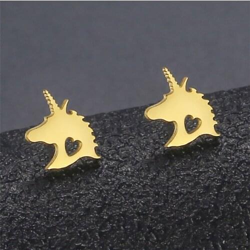 Yungqi Stainless Steel Cute Animal Horse Stud Earrings Small Tiny Heart Unicorn Earrings Piercing Jewelry Pendientes Brincos
