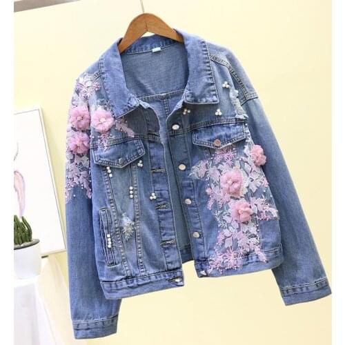 2020 Autumn Women Denim Jacket Embroidery Three-dimensional Floral Jeans Jacket Beading Pearl Ripped Hole Bomber Outerwear P778