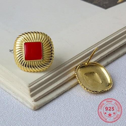 Gothick Style 925 Silver Fashion Gold Large Earrings Red Resin Studs Earrings for Women