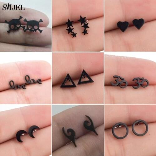 SMJEL Minimal Earrings Punk Stainless Steel Geometric Spider Skull Stud Earrings for Women Girls Black Earing Halloween Wholesal