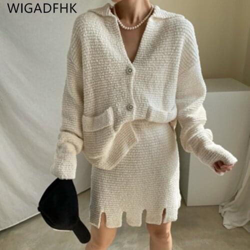 WIGADFHK Elegant Knitted Women Skirt Set V-neck Single-breasted Cardigans + Mini Skirts Ladies 2 Pieces Sweater Set 2021 Autumn